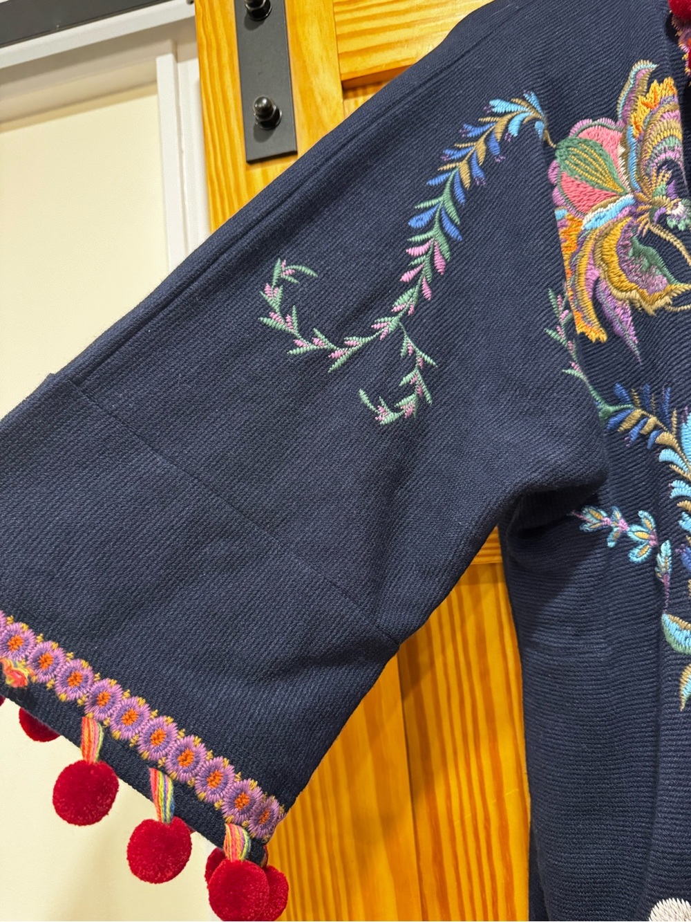 Johnny Was Navy Embroidered Kimono Cardigan with Red Pom Accents - Picture 6 of 11